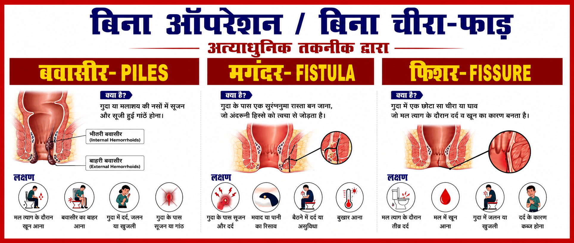 Hindi awareness poster for piles, fistula and fissure treatment with advanced techniques.